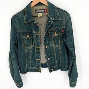 VTG 90s Y2K Roxy Quiksilver Denim Jacket Women M Blue Trucker Surf Utility Boho